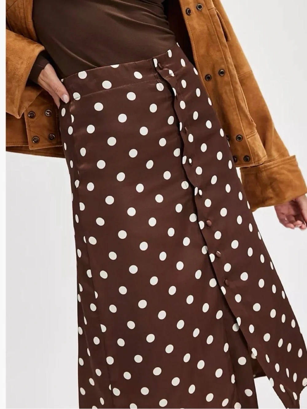 Free People Polka Dot Brown Midi Skirt